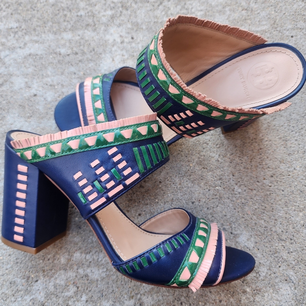 Tory Burch Blue Leather Topanga Mule Heel Sandal, Sz 7